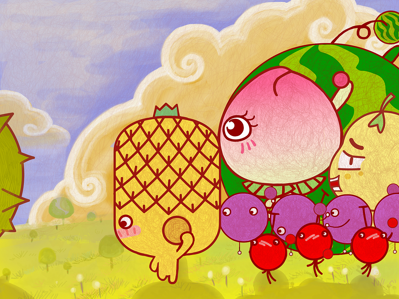 第六页
背景音乐:轻音乐<br>画面:在菠萝村长的带领下,西瓜大哥镇守后方,前面的葡萄兄弟、后面的梨子兄弟向坏巨人榴莲莫卡投射子弹。樱桃姐妹和水蜜桃妹妹也加入战斗。<br>角色:梨子 水蜜桃 菠萝 西瓜 葡萄 樱桃 榴莲<br>交互:当点击角色的子弹时,子弹可以像怪物进行投掷<br>