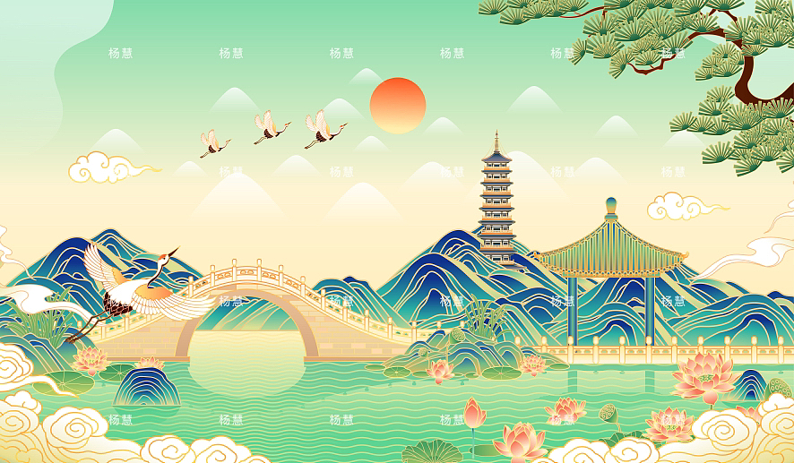 江苏扬州瘦西湖风景矢量插画