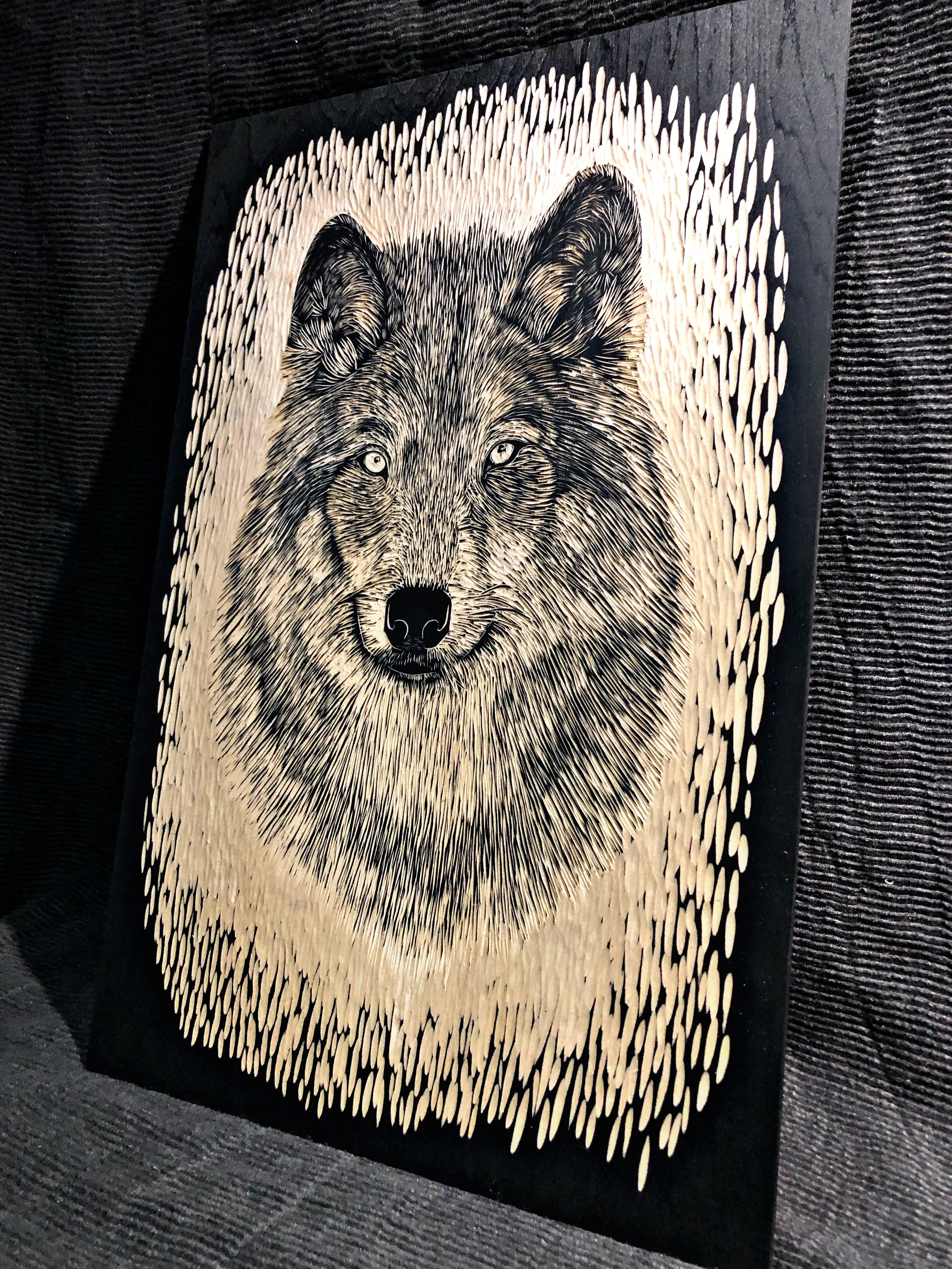 原创纯手工黑白木刻版画《狼》