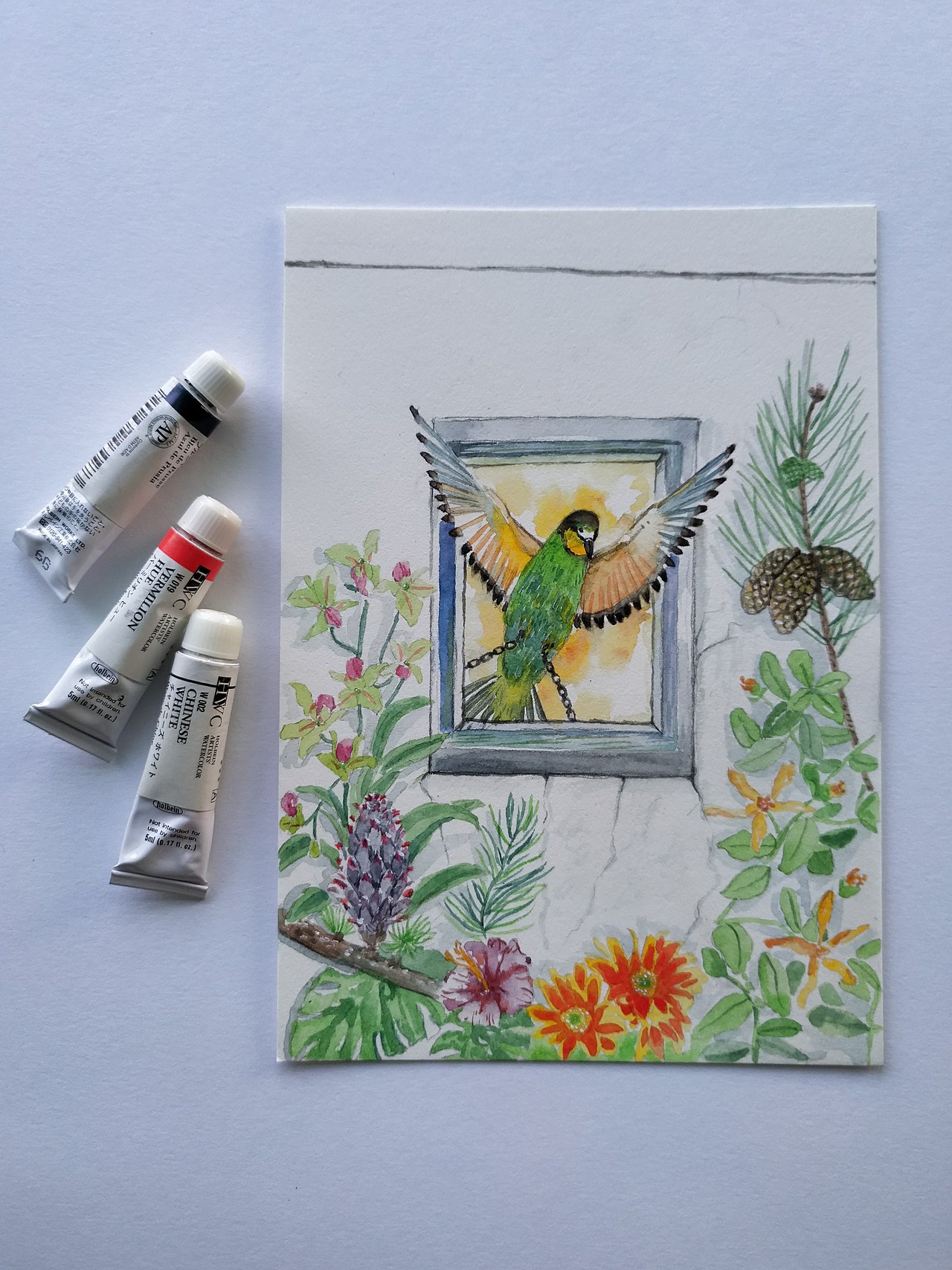 《囚鸟》
你说这幅画就叫囚鸟吧！