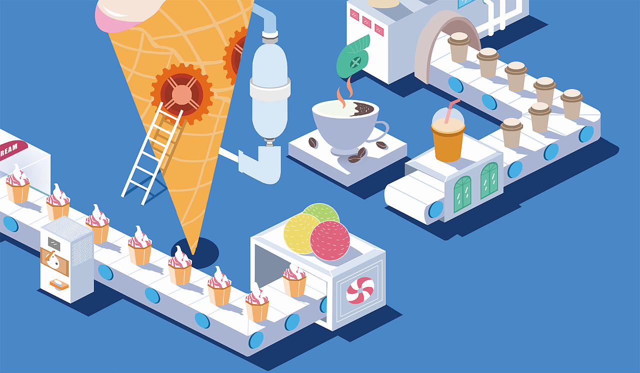 2.5d插画 冰淇淋奶茶工厂 冰淇淋插画 工厂插画_李二姑娘-站酷zcool