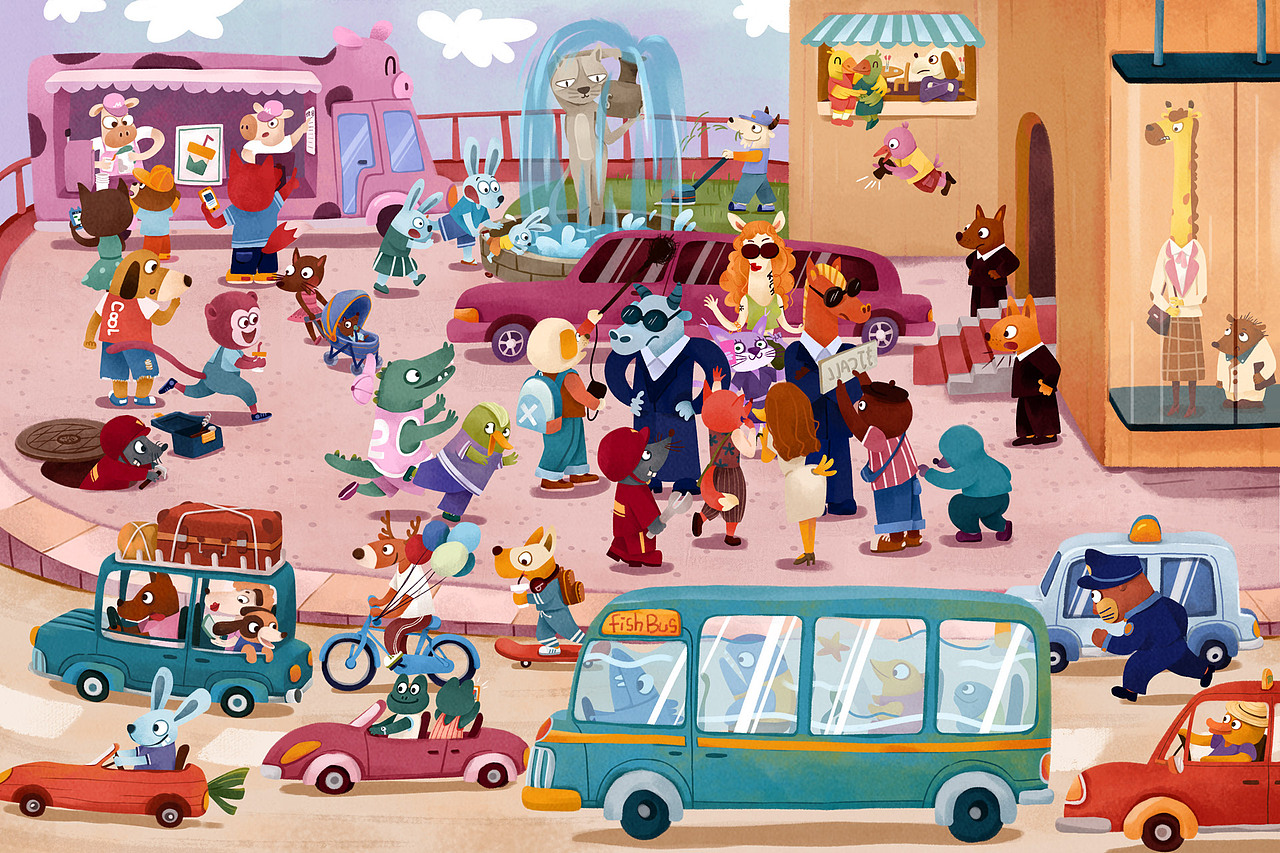 儿童绘本动物城 小镇街头|插画|儿童插画|池池的主页_原创作品-站酷zc