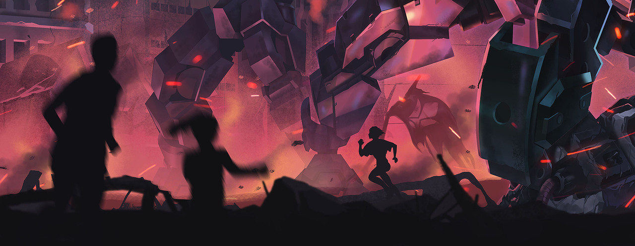 创作背景是加拉尔霍恩武装军队在平民区开战的场面