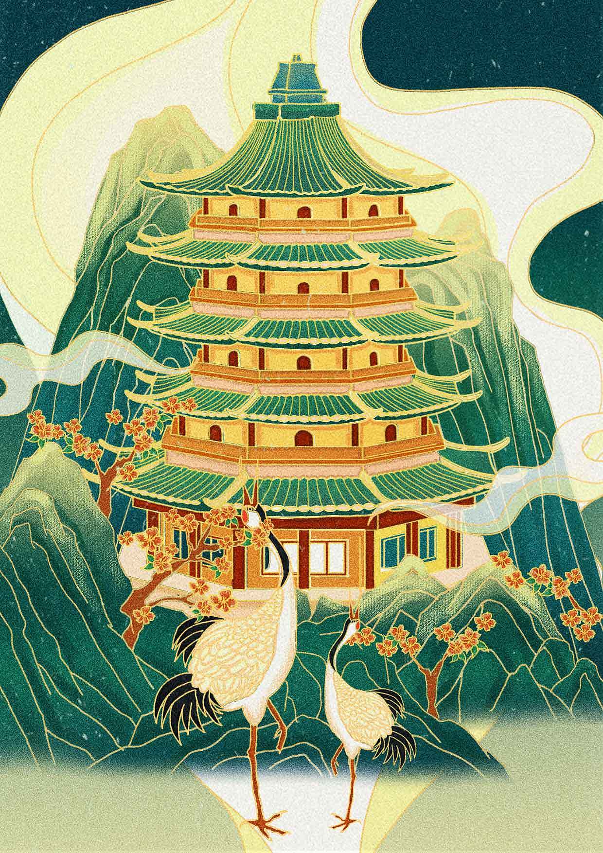 原创中国风国潮西湖雷峰塔旅游插画