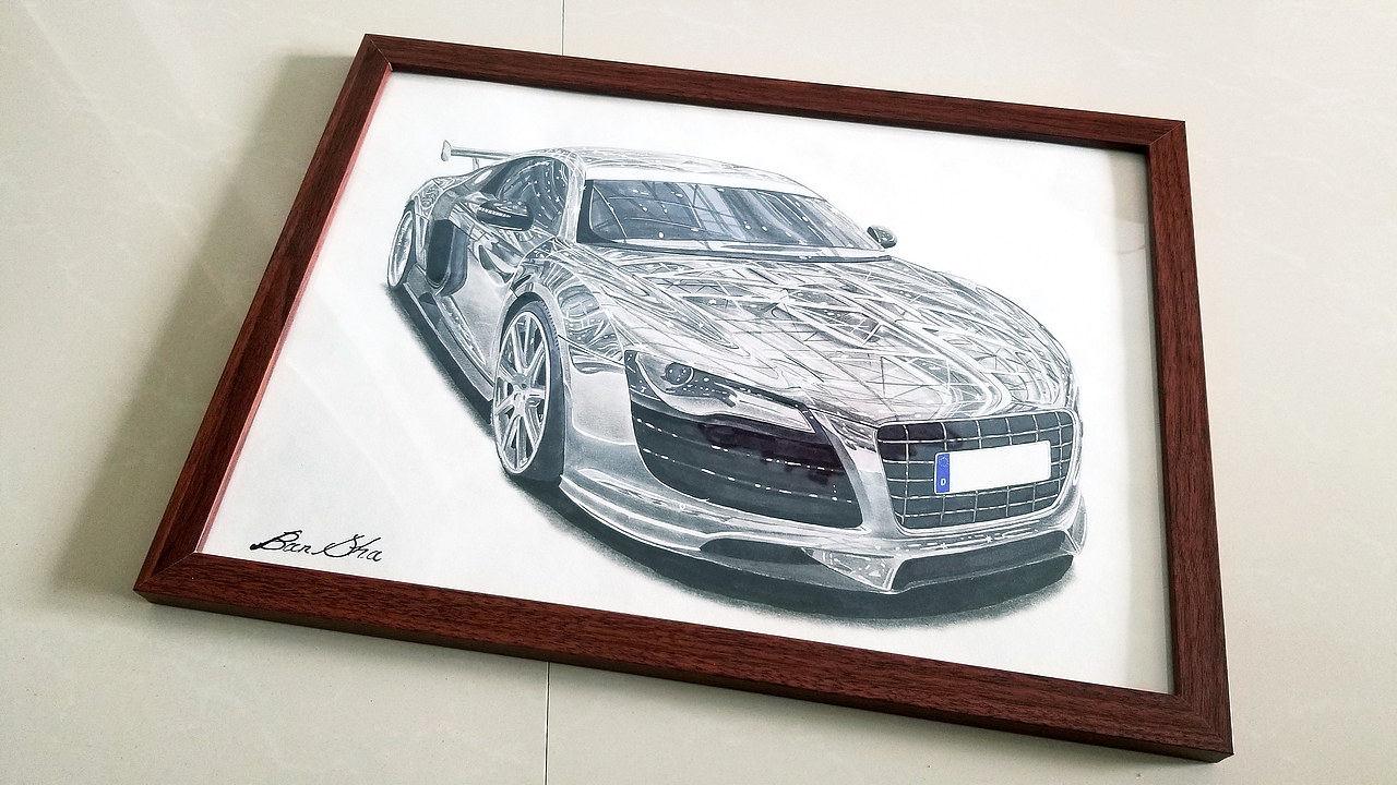 马克笔彩铅手绘 汽车手绘 奥迪R8电镀银