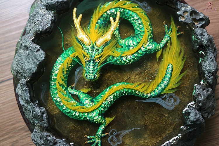 金斑青龙火山天池3d树脂画