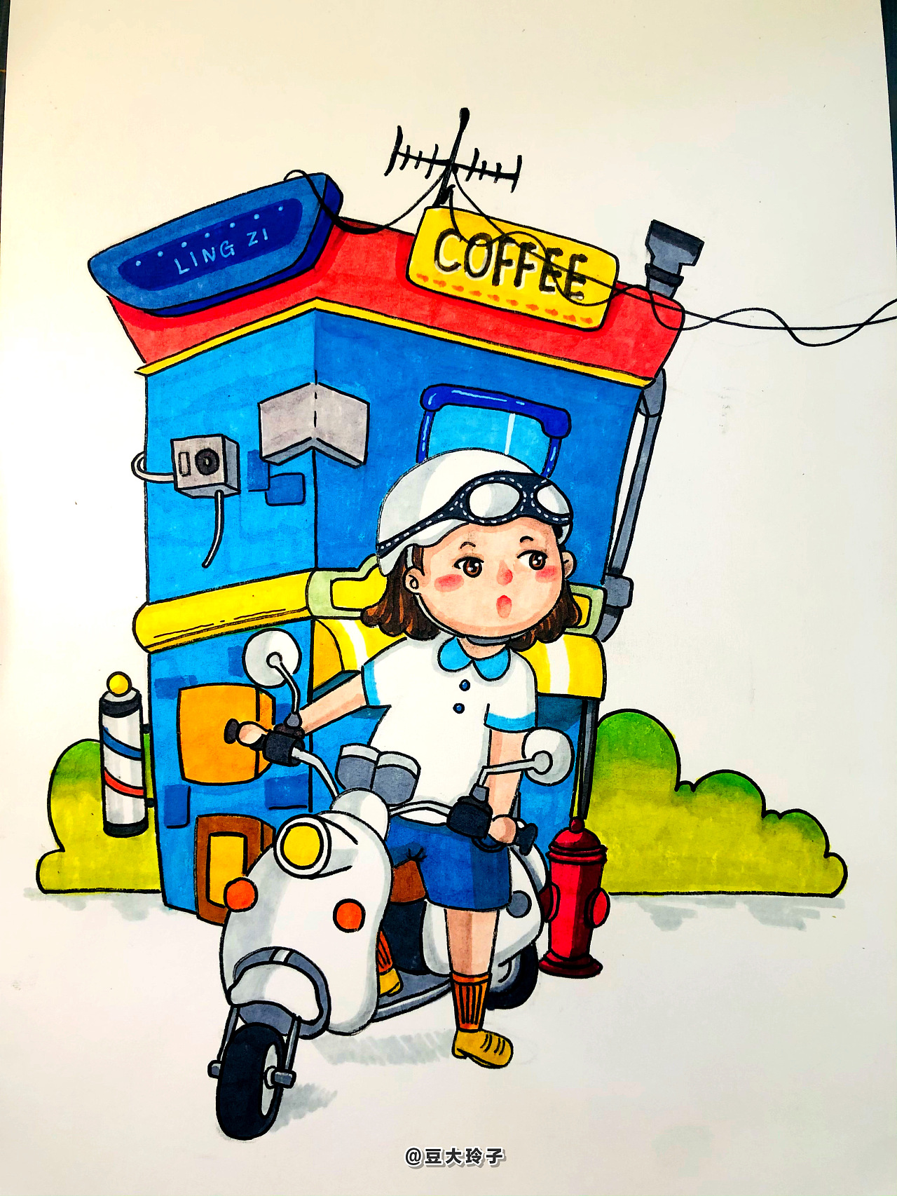 马克笔骑摩托的小女孩