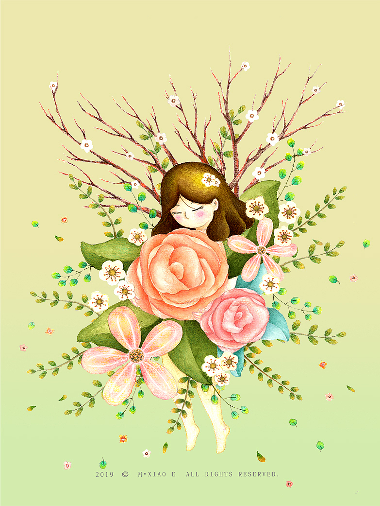 一组水彩手绘插画,少女与花小系列