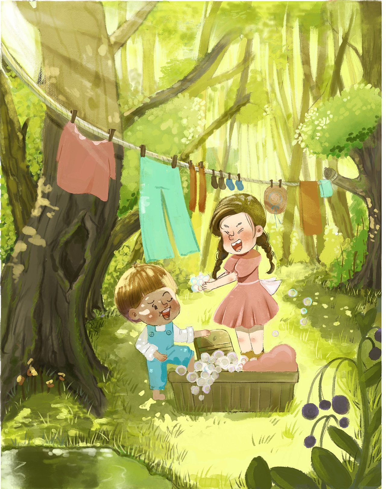 平凡的快乐，一起洗衣服呀（图ZMjYxMDQ4NTM2） - 儿童插画 - 站酷设计师Lulu露露璐原创素材 - 站酷ZCOOL