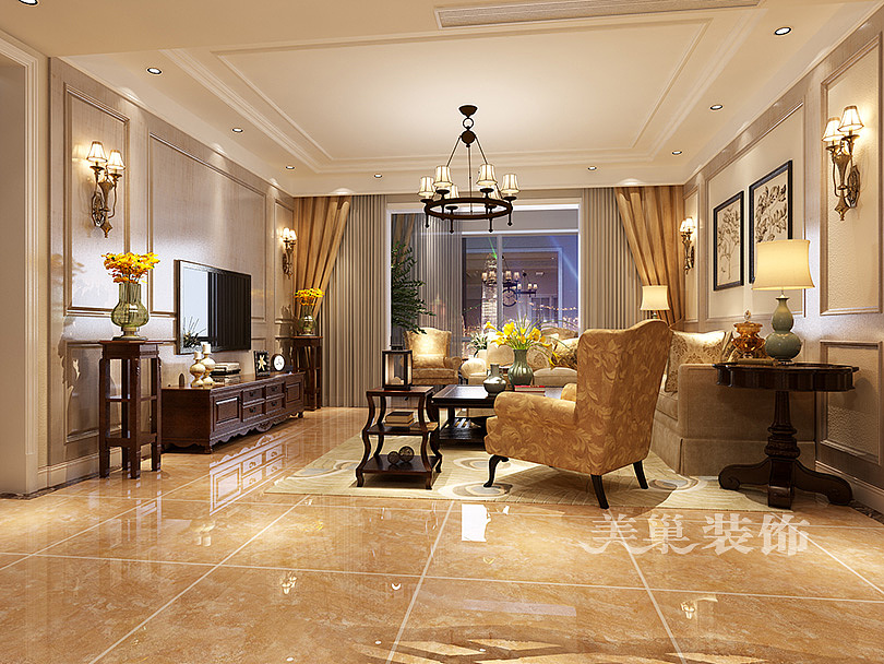 民安北郡142平四室两厅美式风格装修案例设计---客厅
