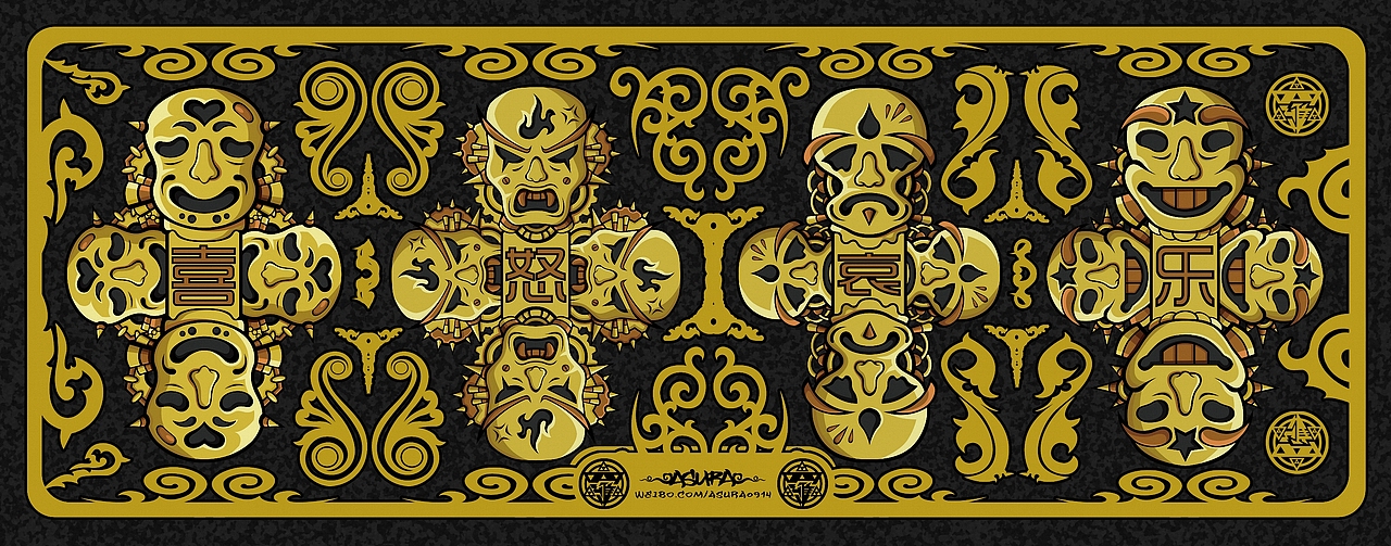 《喜怒哀乐》黄金图腾（图ZNTQyMTk0NA==） - 新锐潮流插画 - 站酷设计师羅Asura原创素材 - 站酷ZCOOL