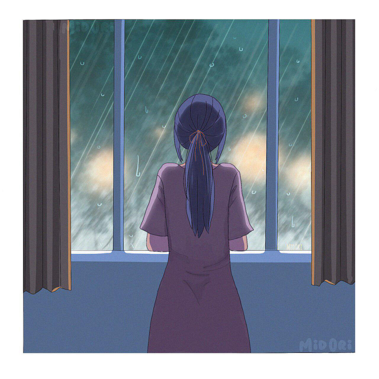蓝色系卡通手绘风夏景下雨撑伞女孩配图插画图片-千库网
