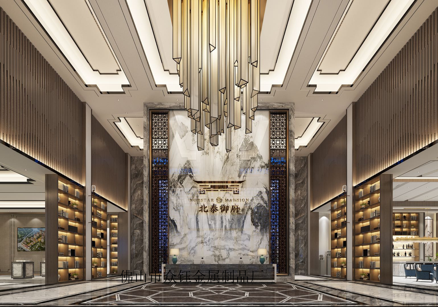 售楼中心特色金属景墙案例,中式不锈钢仿古铜景墙隔断