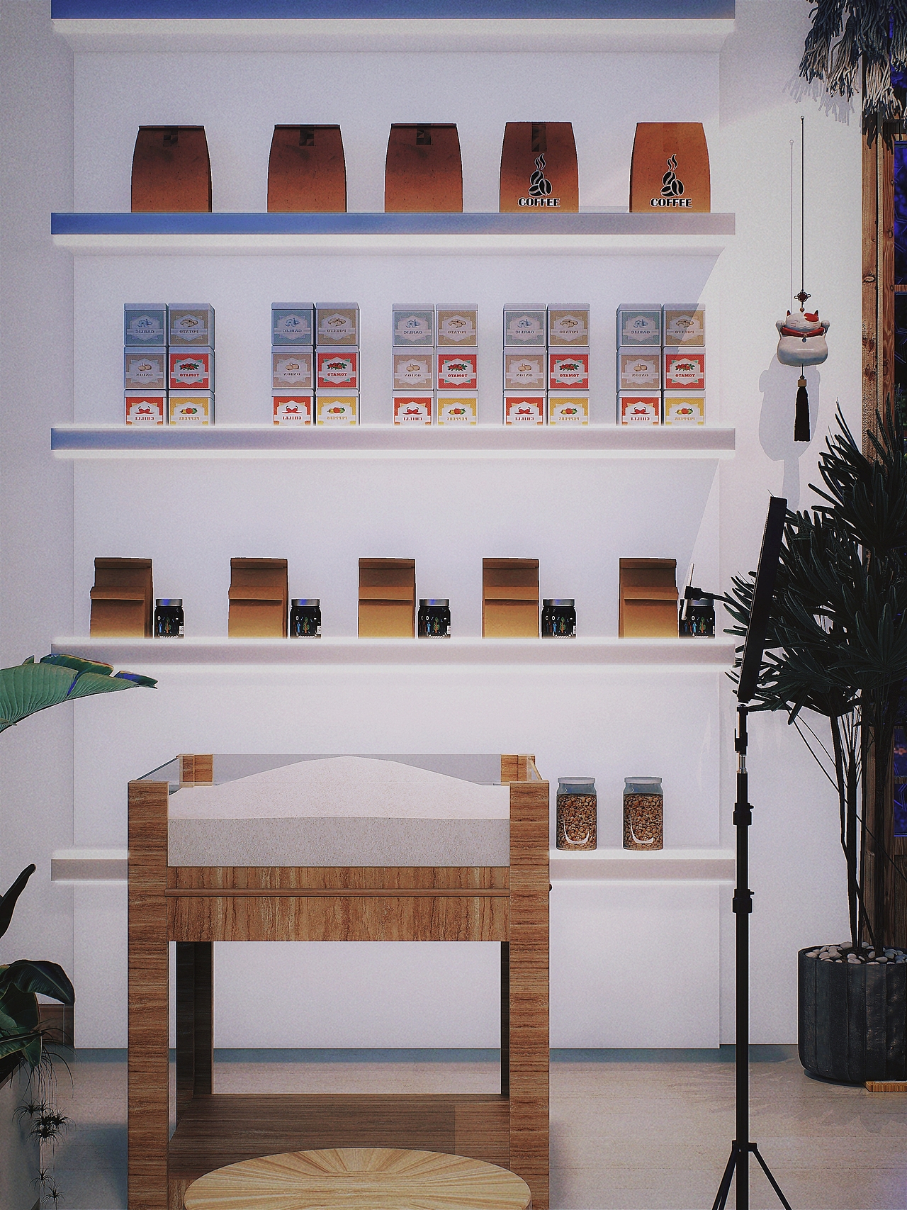 进门左右两侧的墙面做了层板展示架,上面展示的是一些乡镇的自营产品。还有大米类。目前还没有把包装做出来。统一包装后会重新布置。