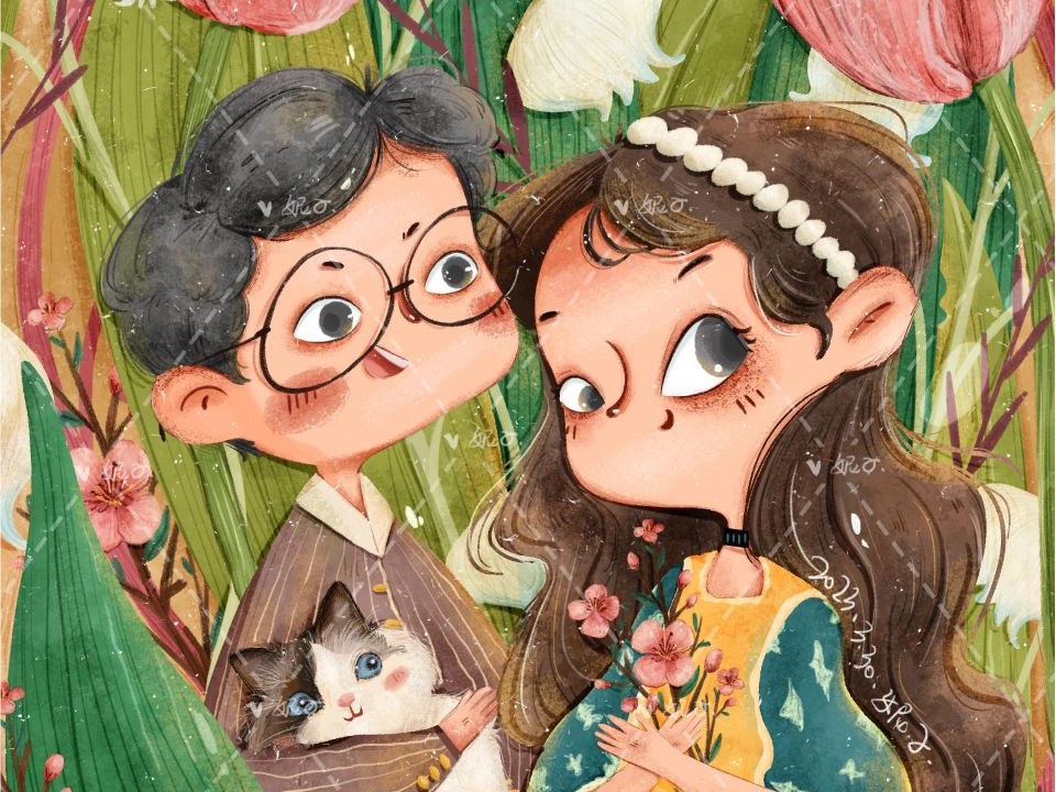 场景插画｜可爱滴两人与两猫的日子｜原创_妮子T-站酷ZCOOL
