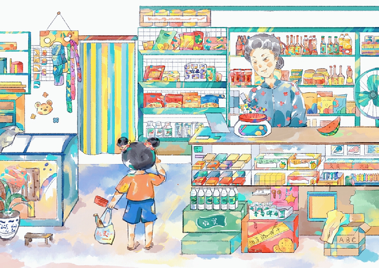 夏日小学生在小卖部买雪糕促销购物六一618插画图片-千库网