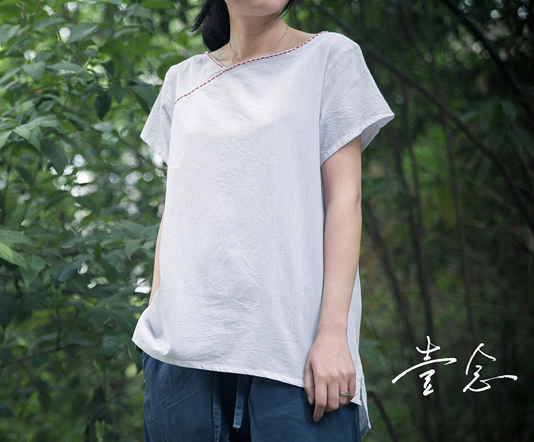 壹念原创女士夏装纯棉手工走线文艺百搭短袖套头T恤 女式纯棉T恤