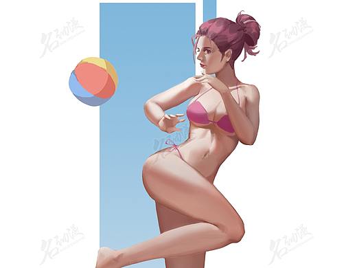 打排球的红发泳装少女