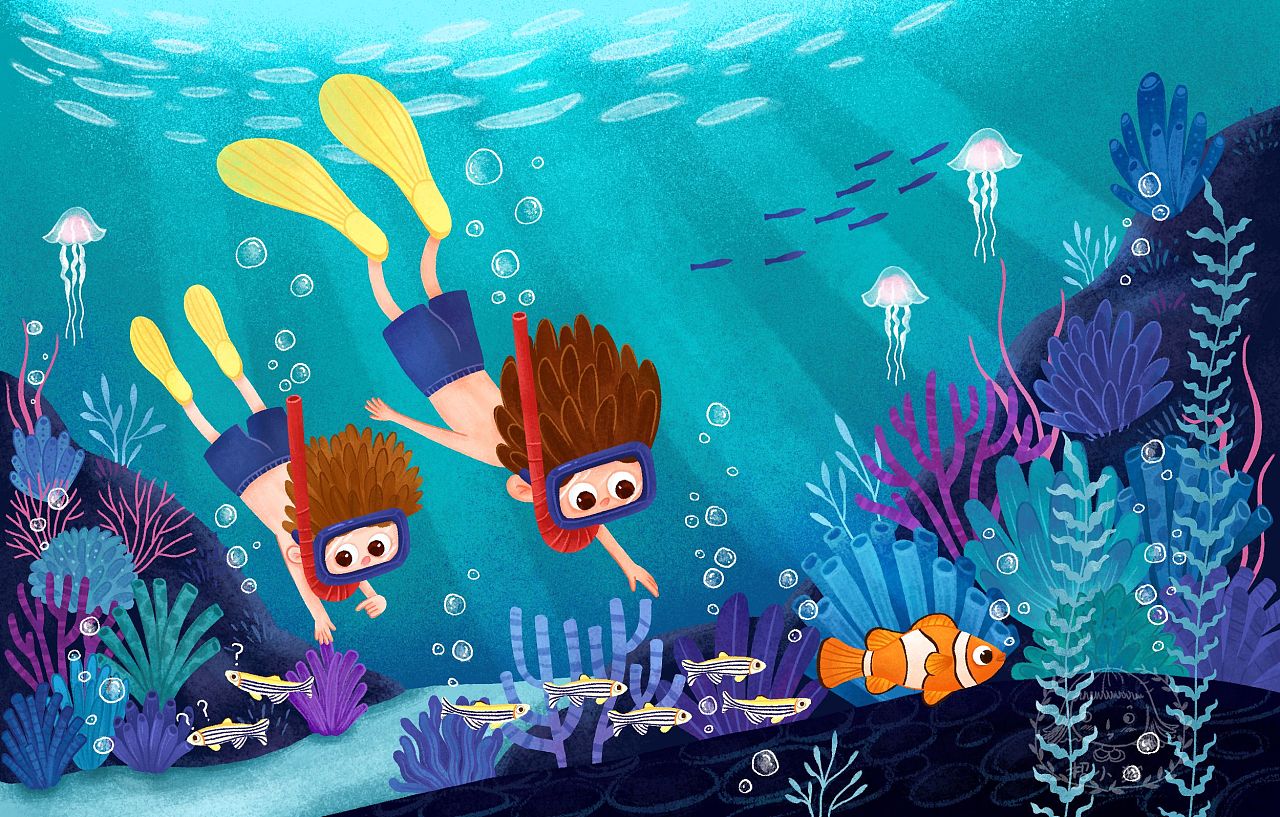 海洋海底世界海豚蓝色植物少女卡通插画图片-千库网