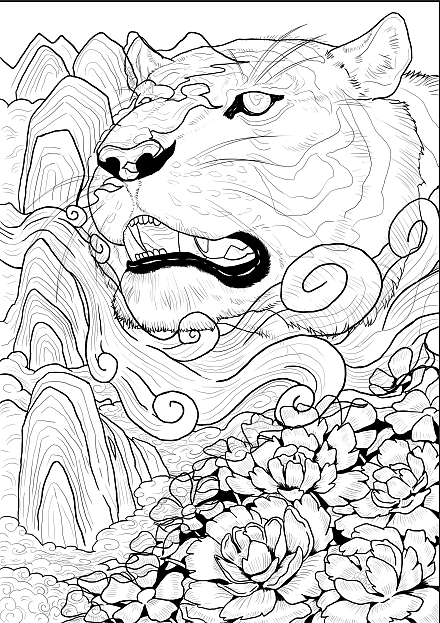 山水花丛中的猛虎，国潮插画（图ZMjg1NjQxOTYw） - 创作习作 - 站酷设计师啸啸XD原创素材 - 站酷ZCOOL