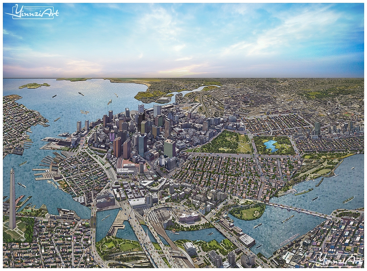 原创鸟瞰城市地图插画系列《波士顿》