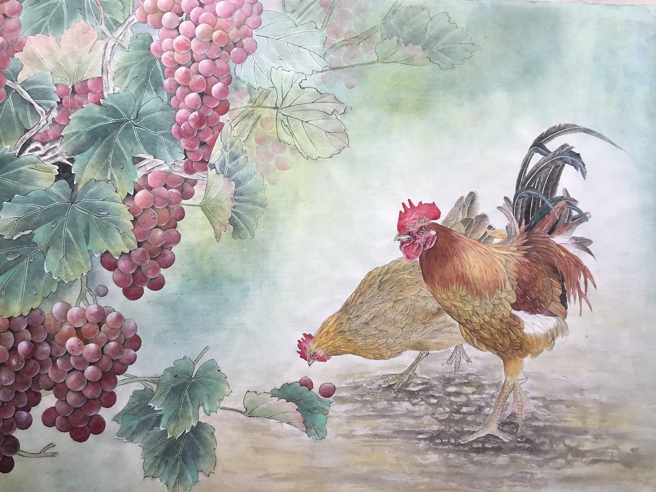 汪林工笔画葡萄鸡