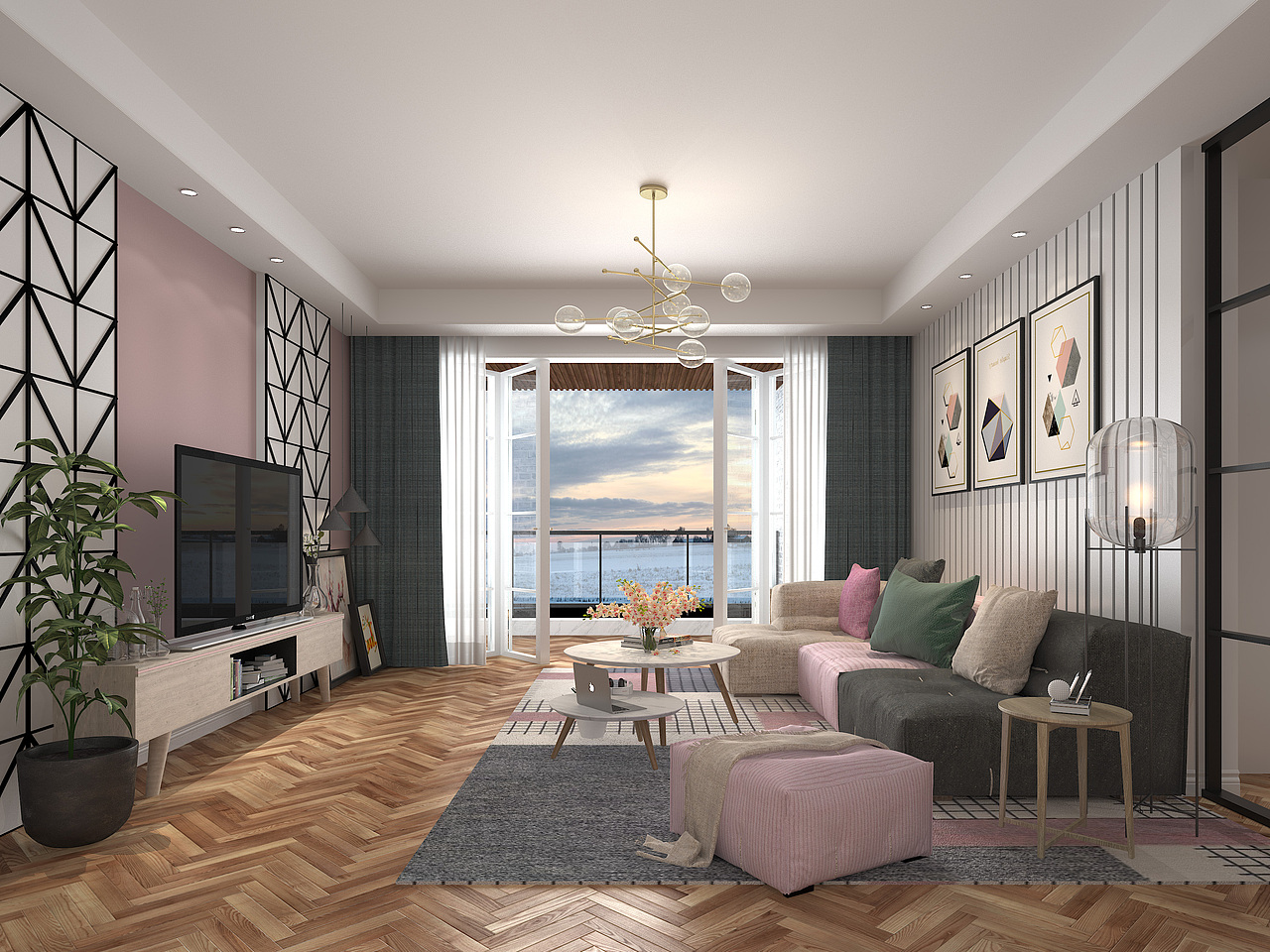 北欧藕粉-粉色系北欧住宅效果图