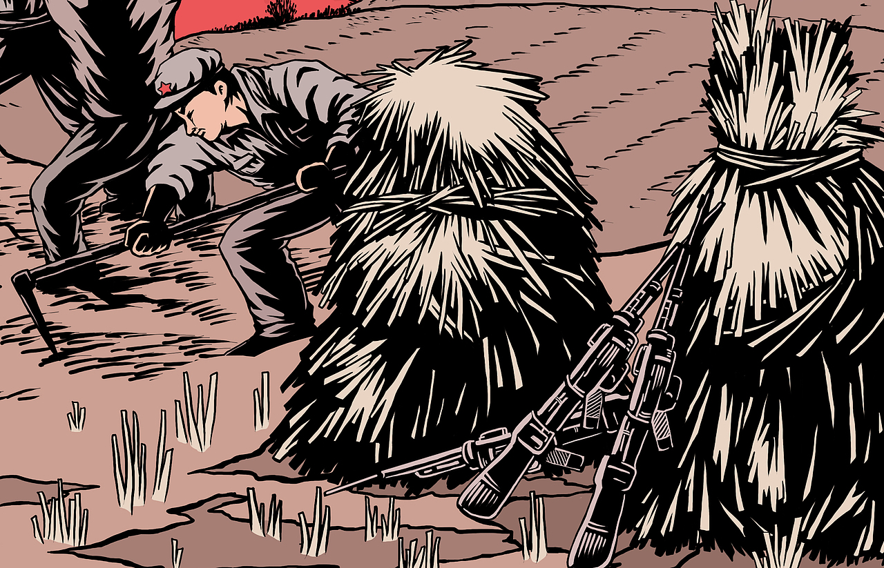 版画风格红色革命题材延安系列插画三张