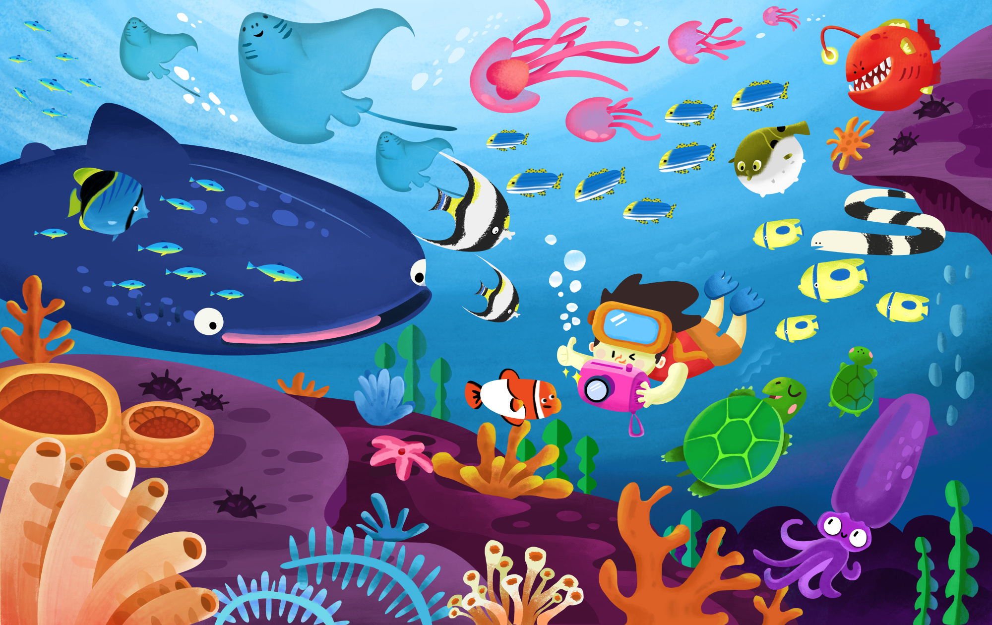 夏天唯美海洋海底世界卡通儿童手绘插画图片-千库网