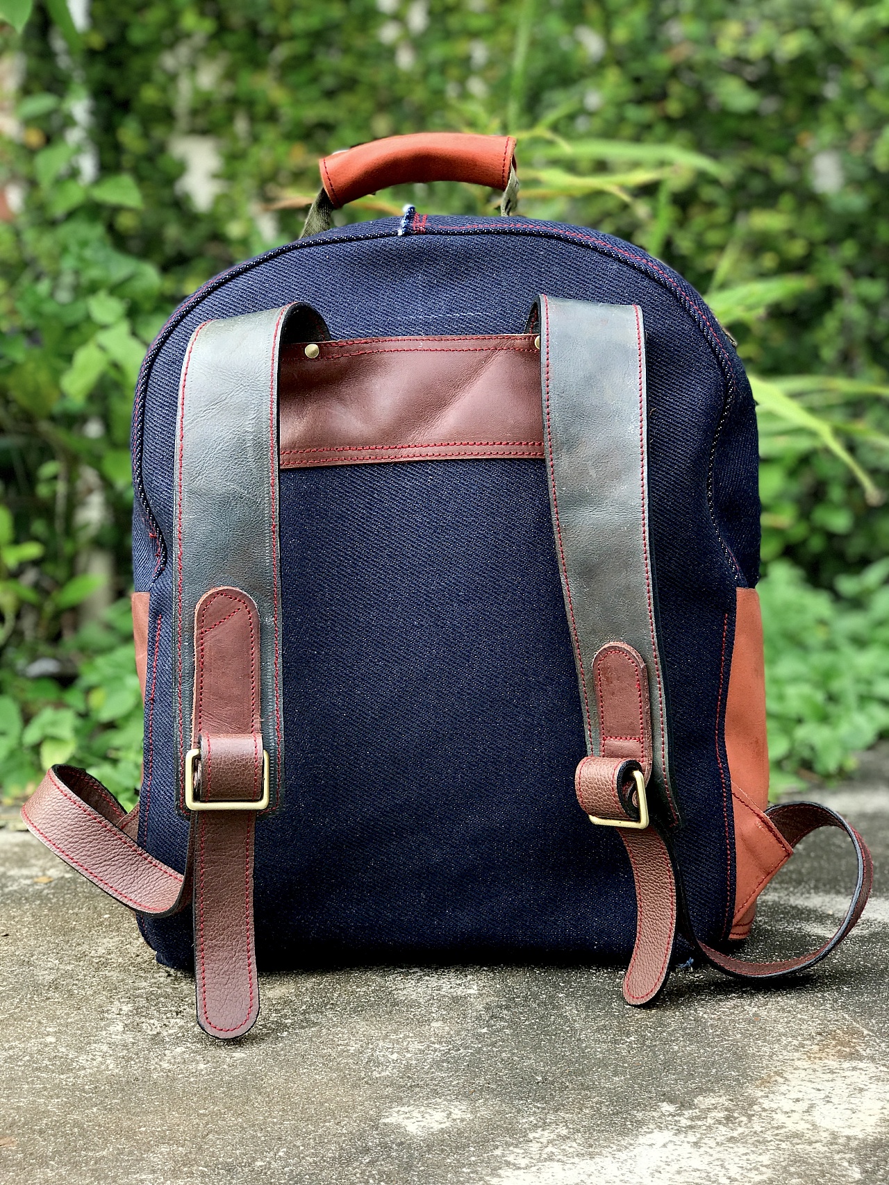 拼色38安牛仔双肩背包--手工