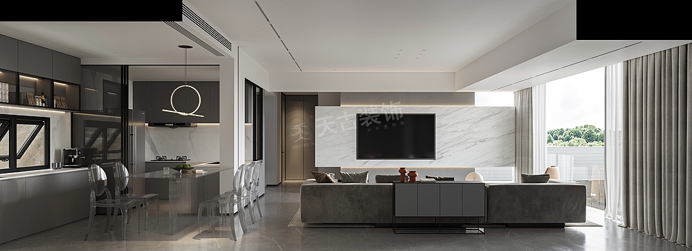 为了保证空间通透感和采光,客餐厅之间彼此相连,连接玄关柜转角的墙面同样打造整面收纳柜,增添收纳空间,底部留空打造视觉轻盈感,搭配一旁线条简约的背景墙,富有设计感同时也不显得占据空间。