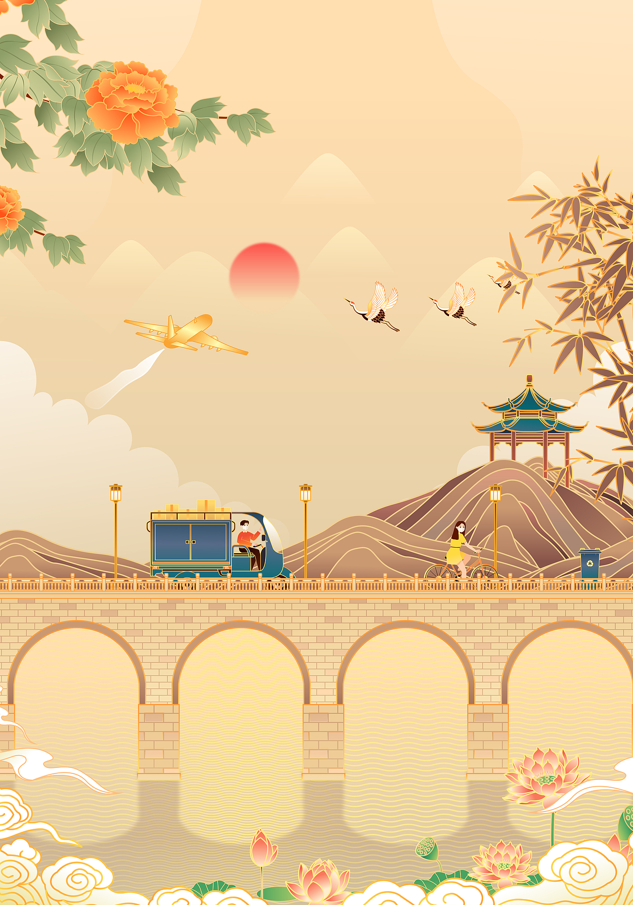 矢量插画/城市建筑/传统与现代/复古中国风