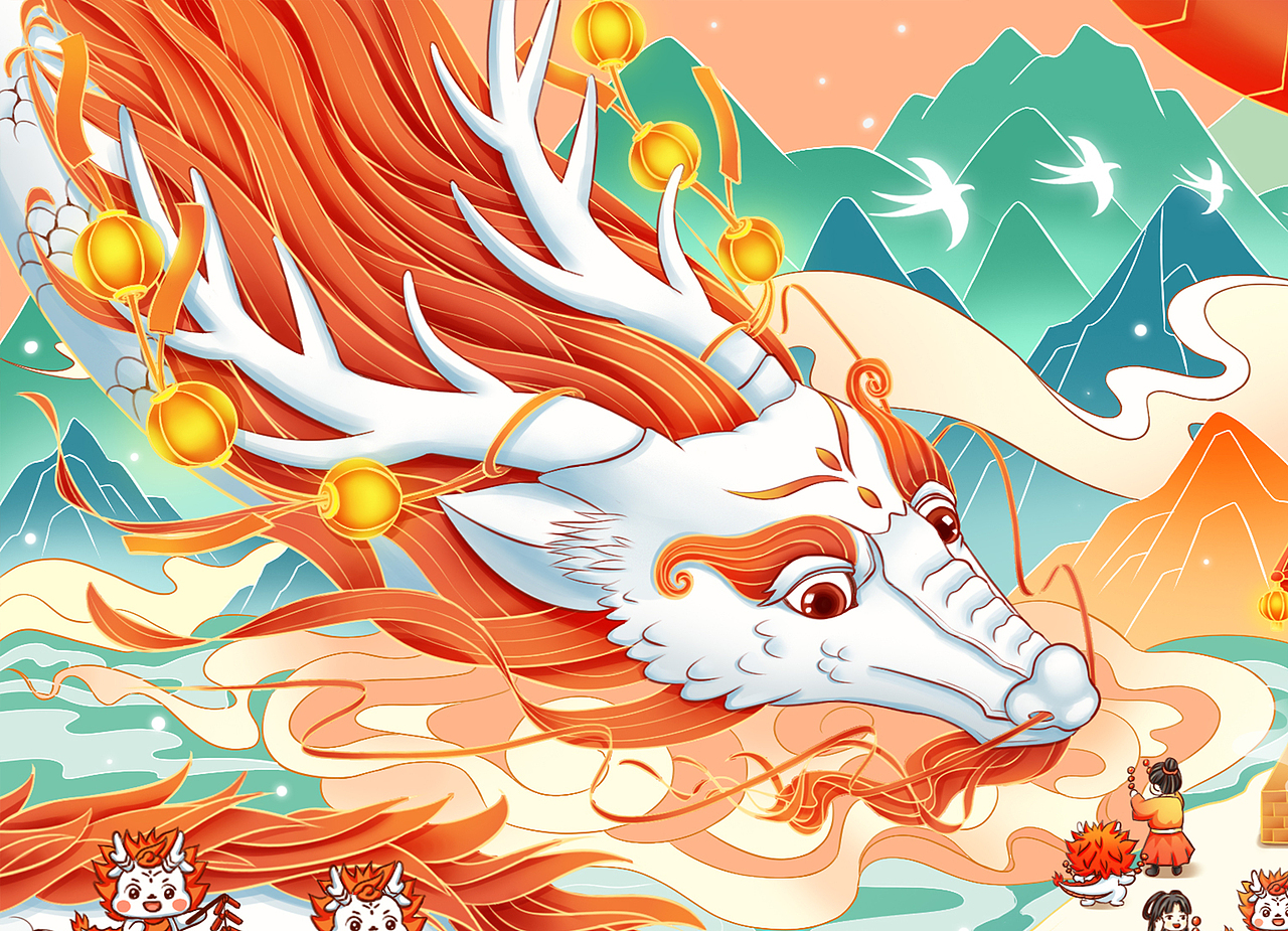 原创龙年贺岁插画-传统文化春节习俗/国风插画