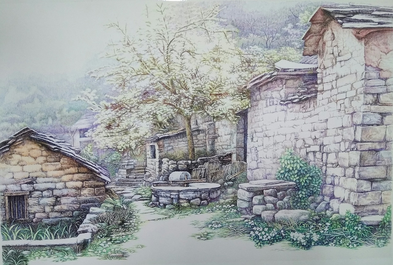 汤向的彩色钢笔画《晨曦》75x50厘米800g卡纸（图ZNzM5MDg5NDg=） - 绘画 - 站酷设计师汤向钢笔画原创素材 - 站酷ZCOOL