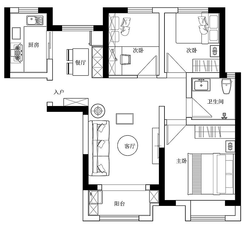 物华国际华府89平三室两厅户型装修设计布局方案,郑州美巢装饰 0371