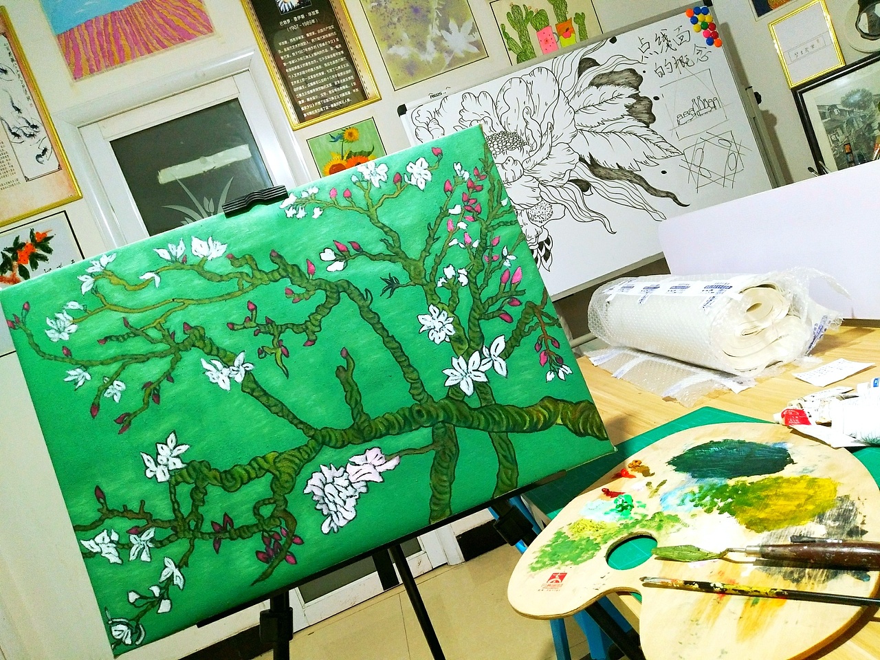 油画《盛开的杏树》