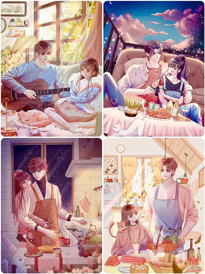 四季三餐两人一屋·治愈系插画,春夏秋冬小情侣