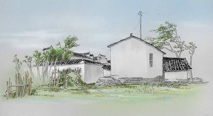 钢笔淡彩 黟县速写