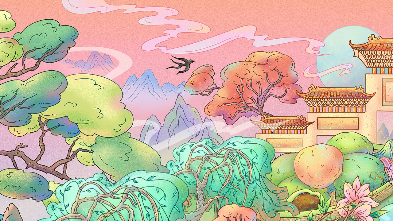 原创国潮风春季踏春插画长卷