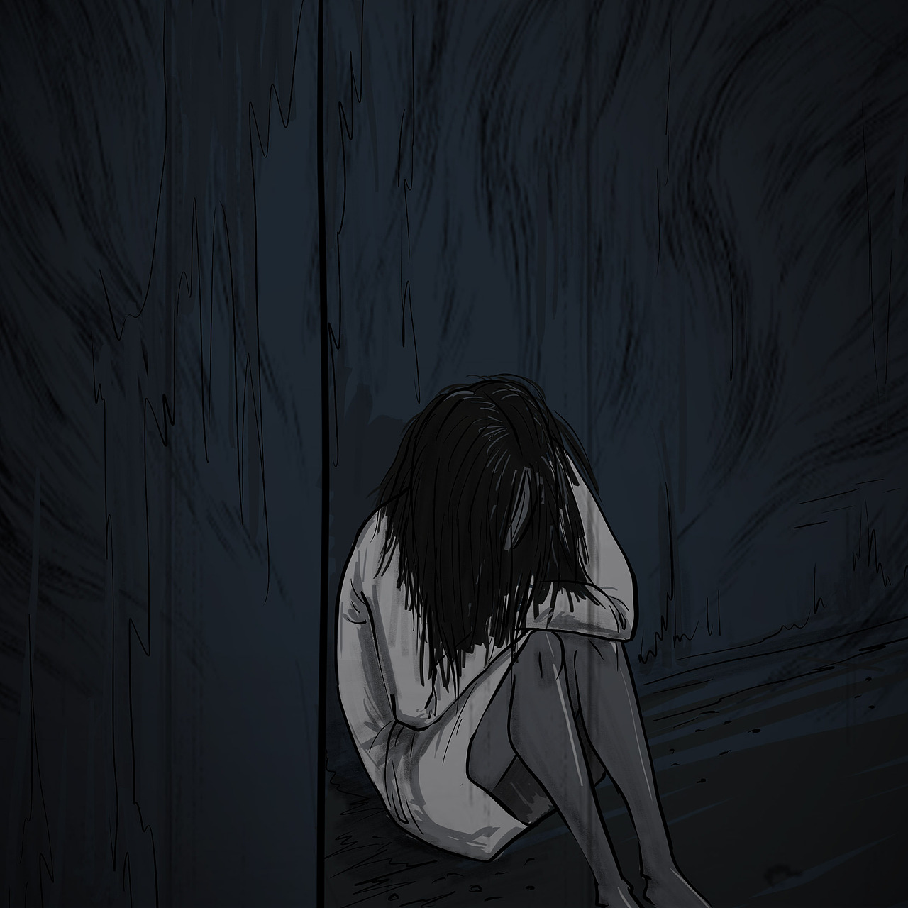 突然,在拐角处看见一个蹲着的女人,只见那人低着头蜷缩在角落,他们先