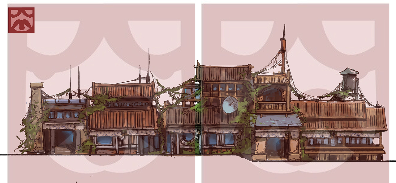 这一个和后一张都是没想法,拿别的图模糊后勾了线稿上色。 挑选底图的时候一般会选择一些外轮廓线比较丰富,建筑有前后关系的。这样就只用考虑内部元素的置换了。哈哈哈