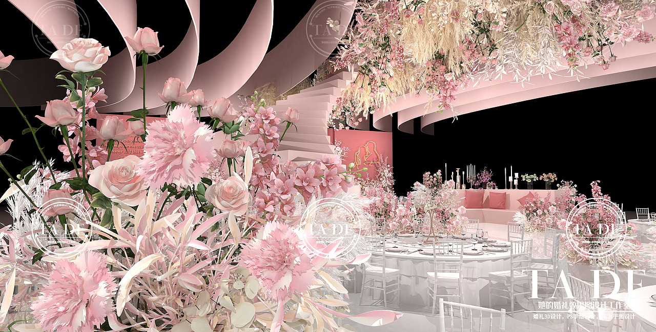 她的婚礼设计工作室 | 粉色婚礼3D效果图（图ZMjMzMDAxNDU2） - 舞台美术 - 站酷设计师她的婚礼设计原创素材 - 站酷ZCOOL