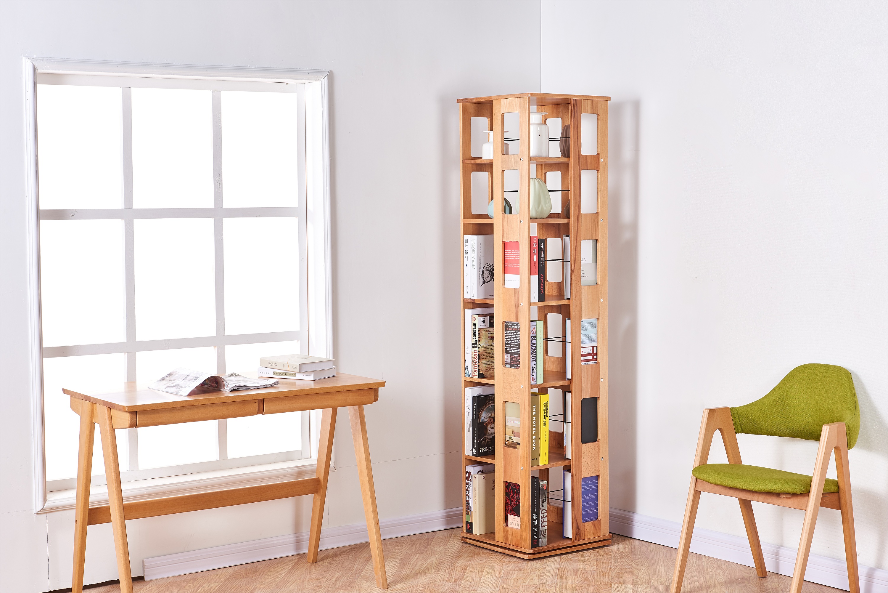 实木 原木 旋转书架 书柜