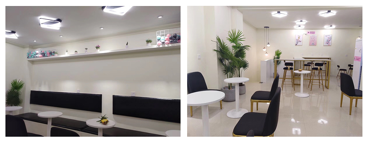 黑白座椅的搭配,拼接金属,瞬间提高店内格调,利用灯关营造气氛,创造出一个让人愉悦娱乐的休闲环境。