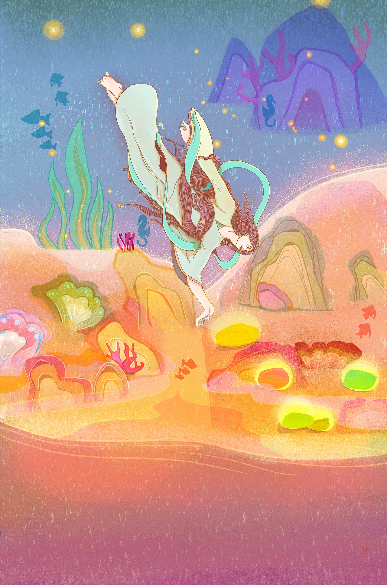 女娲飞下河中,取五彩石进行补洞.女娲补天成功归来,普天同庆.