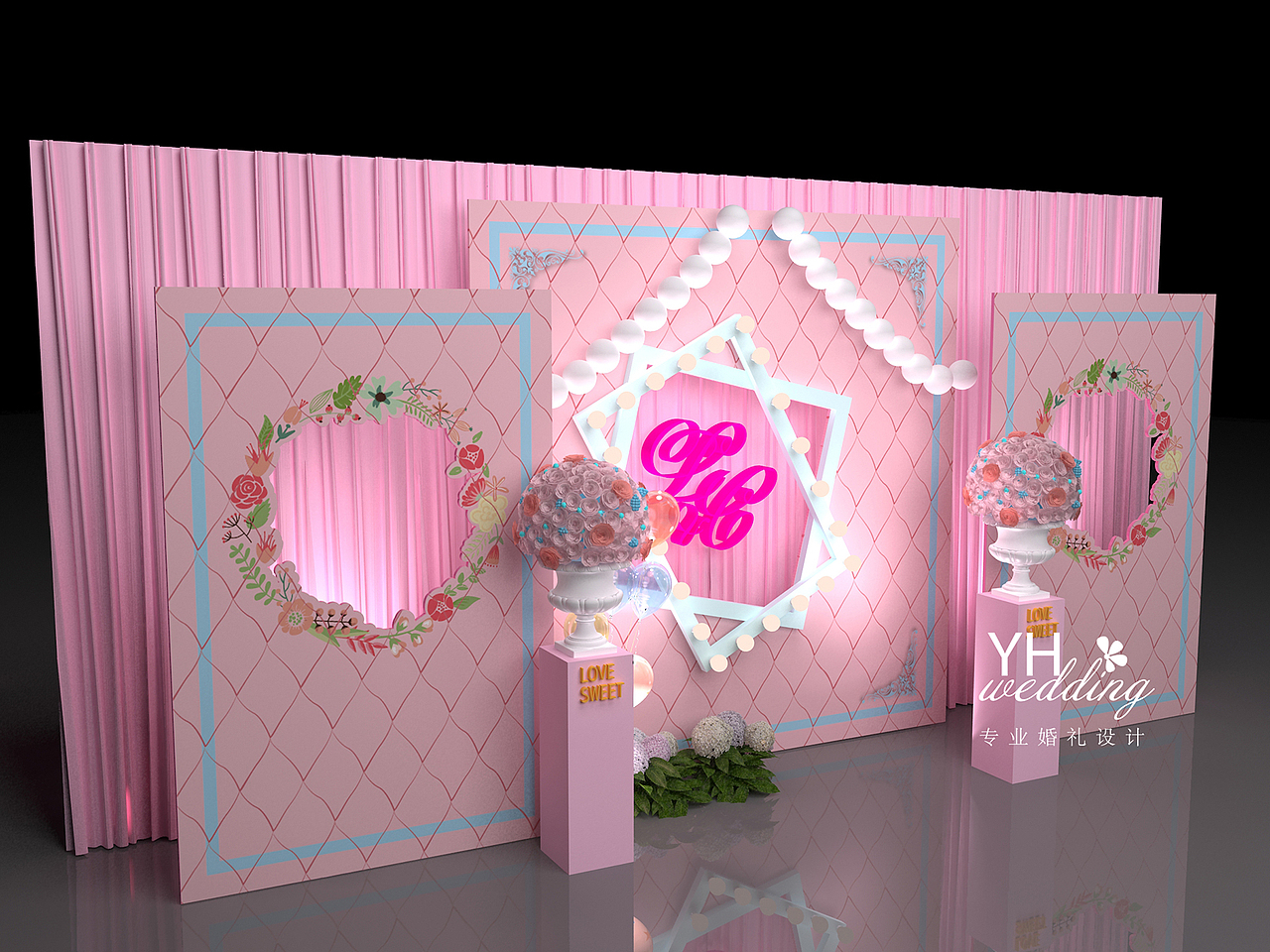 精致粉红的 婚礼合影区3D效果图