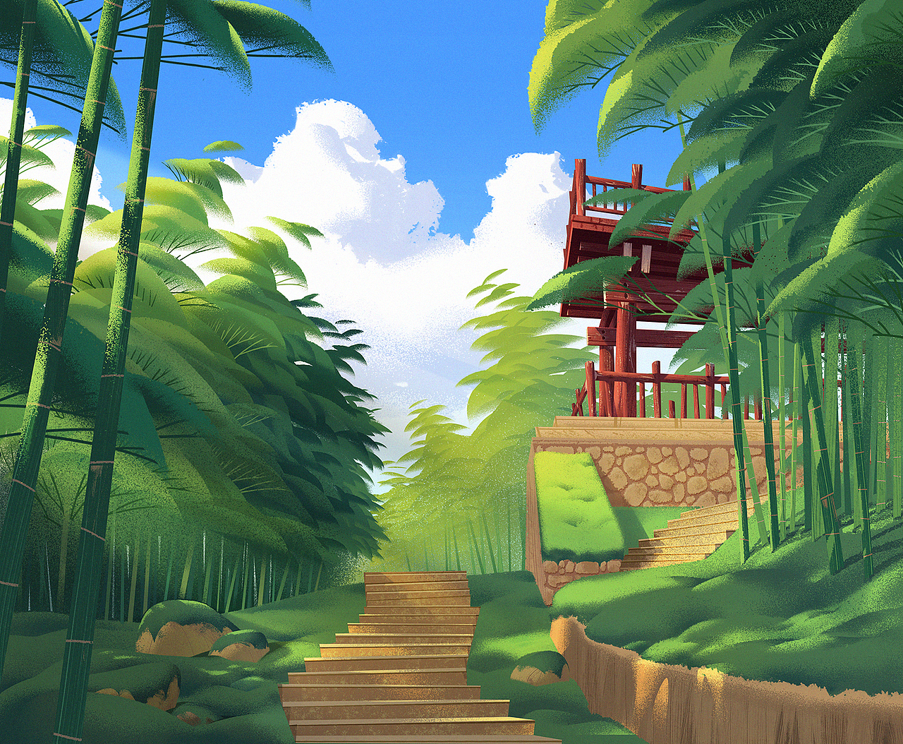 ⬆️
根据草图,参考采风照片,<br>绘制一个“基础版”:在光照明媚充足的情况下,物体呈现出本身固有色,<br>只需按照原本的颜色,加之简单的明暗光影即可。