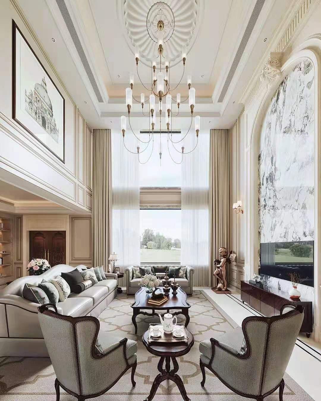 济南万泰装饰260平美式别墅设计实景案例-挑高客厅