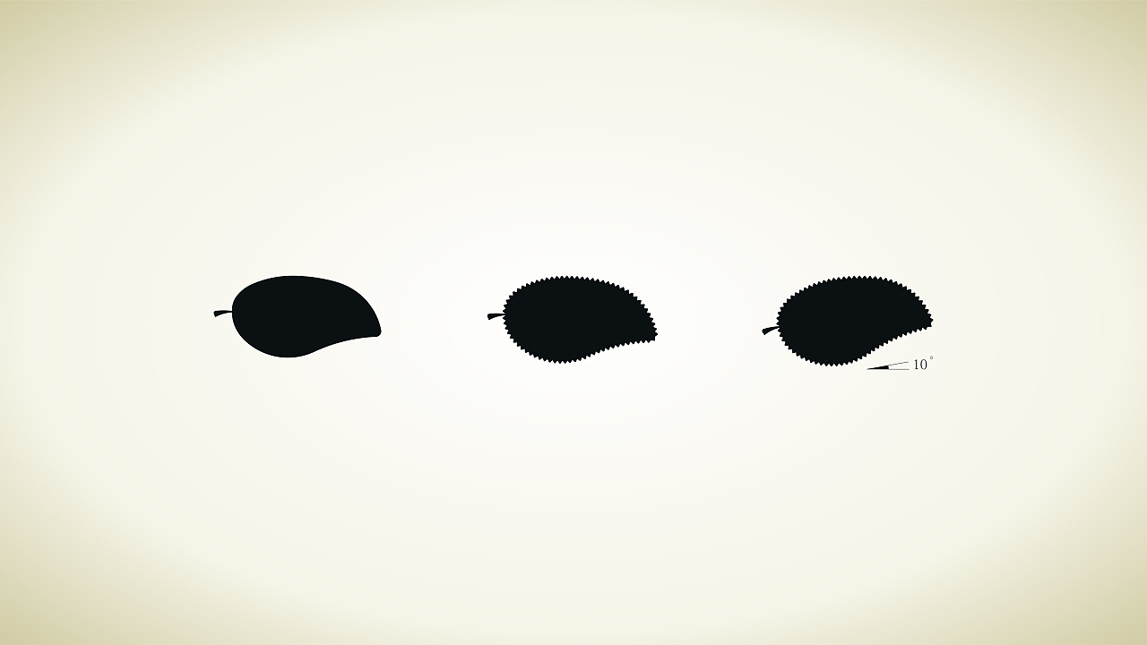 芒果画好之后均匀加“刺”,“带刺的芒果”完成!调整一下角度,然整个图形生动一些。