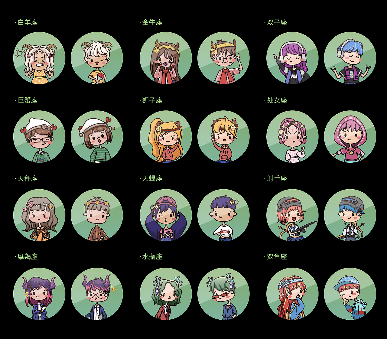Q版十二星座情侣插画（图ZMjExMTkyNzEy） - 商业插画 - 站酷设计师王大鱼DAYU原创素材 - 站酷ZCOOL